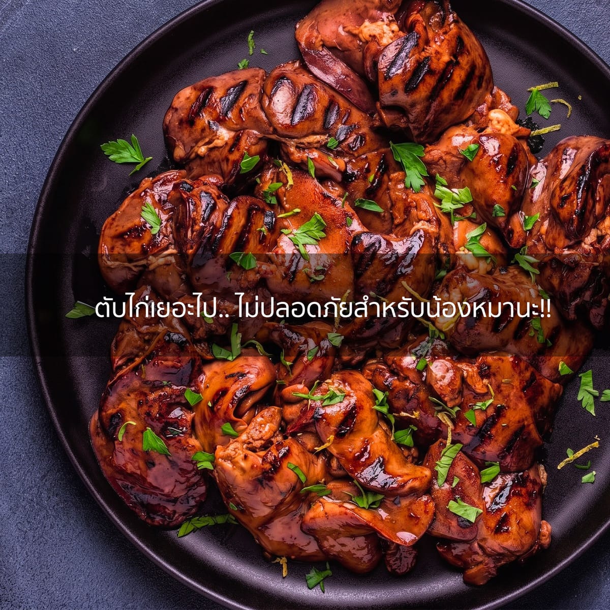 จานตับไก่ปิ้ง พร้อมข้อความเตือนว่าให้ตับไก่เยอะเกินไปไม่ปลอดภัยสำหรับน้องหมา ภาพประกอบเรื่องความเสี่ยงวิตามินเอเกิน